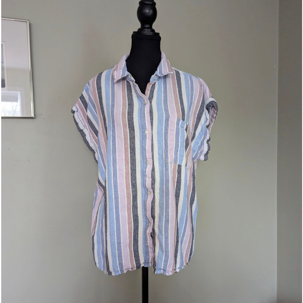 Coastal Comfort Linen Blend Striped Button Down XL Coastal Beachy Pastel